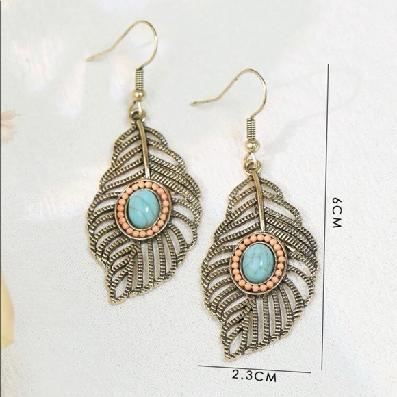 Feather Turquoise Stone Silver Drop Earrings - Picture 4 of 14